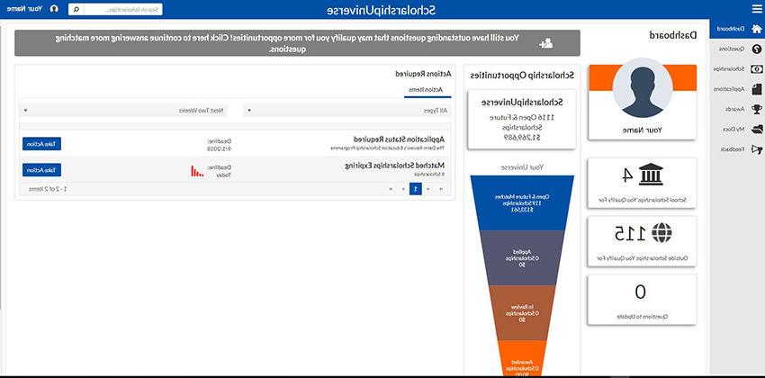 ScholarshipUniverse仪表板的截图